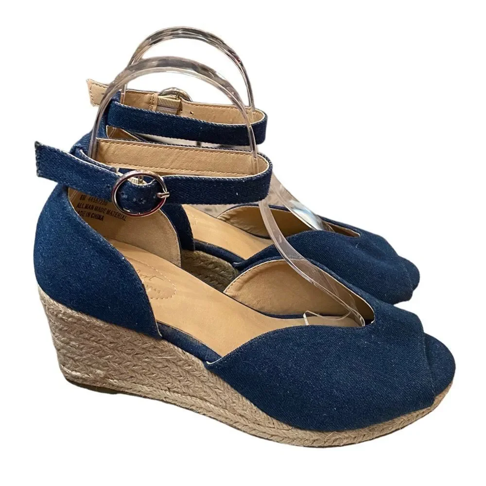 C Comfort Women's Peep Toe Denim Espadrille Wedge Sandals 8